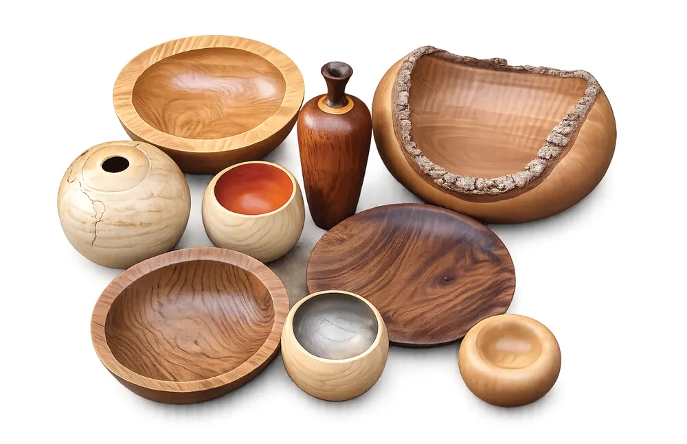 A collection of hand-turned wood bowls, vessels, and platters on a white background